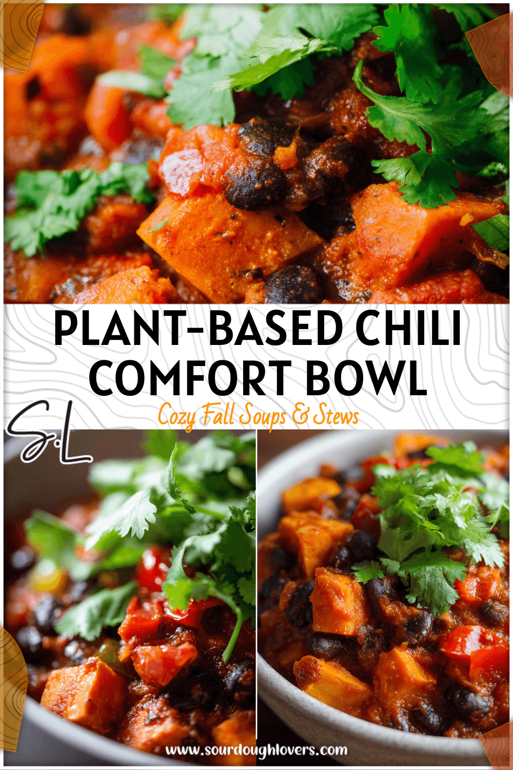 Close-up of Sweet Potato And Black Bean Chili with tomato vegetable mix topped with fresh cilantro.